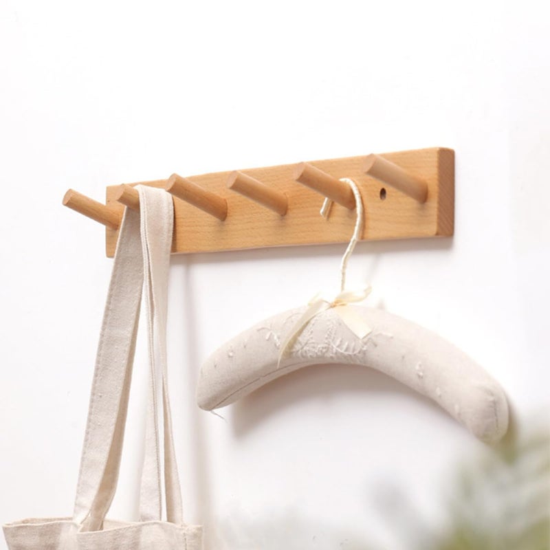 Solid Wood Wall Mounted Coat Hat Hooks 6 Pack No Drill Adhesive Organizer Natural - Image 5