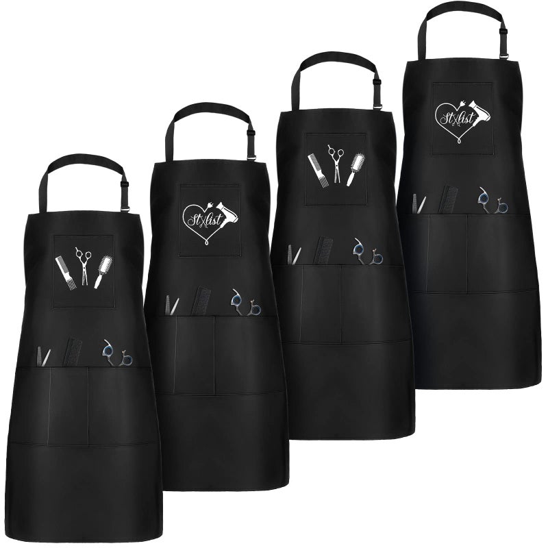 Janmercy 4 Pcs Hair Stylist Apron with 4 Pockets Waterproof Salon Aprons for Hairdresser Cosmetologist ApronBlack