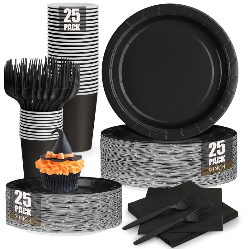 CENLBJ Black Paper Plates And Napkins  Disposable Black Party Plate Include 7&9Inch Plates Cups Napkins Forks Party Supplies For Fathers Day  Graduations  Retirement  Birthday  Halloween For 25 Guests - Image 1