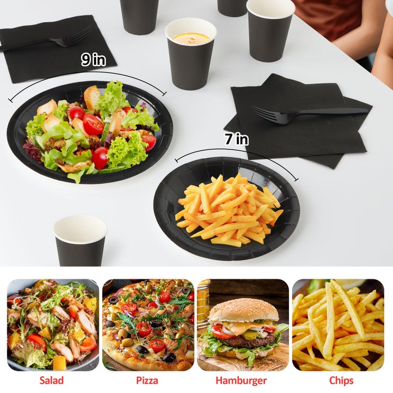 CENLBJ Black Paper Plates And Napkins  Disposable Black Party Plate Include 7&9Inch Plates Cups Napkins Forks Party Supplies For Fathers Day  Graduations  Retirement  Birthday  Halloween For 25 Guests - Image 4