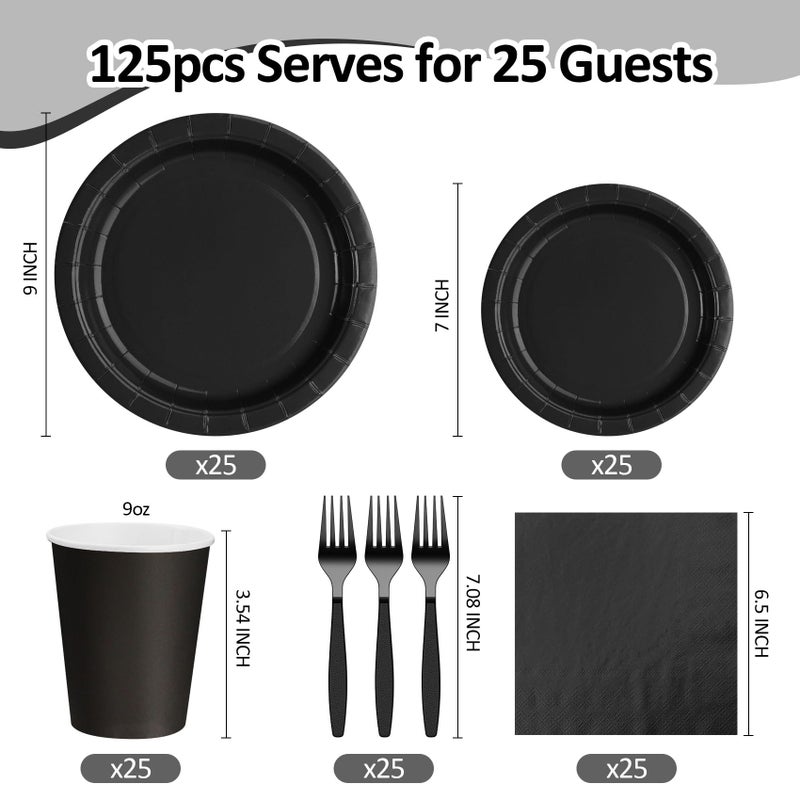 CENLBJ Black Paper Plates And Napkins  Disposable Black Party Plate Include 7&9Inch Plates Cups Napkins Forks Party Supplies For Fathers Day  Graduations  Retirement  Birthday  Halloween For 25 Guests - Image 2