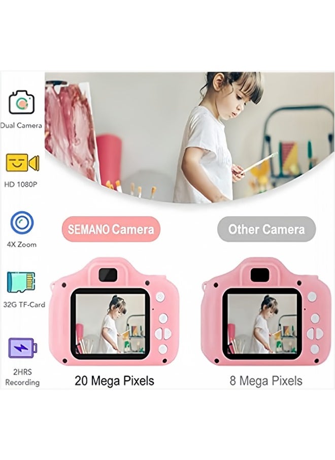 SUPER SO - Kids Camera,1080P HD Digital Video Camera Toy for 3-12 Year Old Boys/Girls, Birthday Festival Gifts for Kids,USB Rechargeable Kids Selfie Camera with 32GB SD Card and card reader(Pink) - Image 1