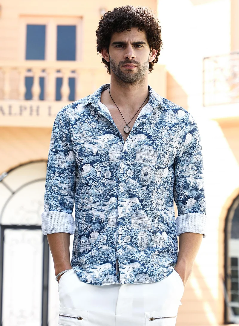 Campus Sutra Men's Indigo Blue Victorian-Landscape Tactile Shirt