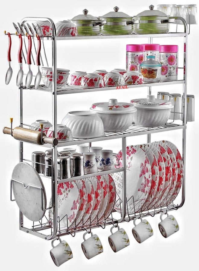AVAIL Stainless Steel 5 Shelf Wall Mount Kitchen Racks | Dish Rack with Cutlery and Plate Kitchen Stand | Modular Kitchen Bartan Stand (31X30 Inches) - Image 1