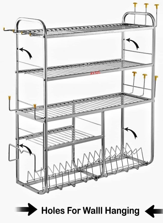 AVAIL Stainless Steel 5 Shelf Wall Mount Kitchen Racks | Dish Rack with Cutlery and Plate Kitchen Stand | Modular Kitchen Bartan Stand (31X30 Inches) - Image 3