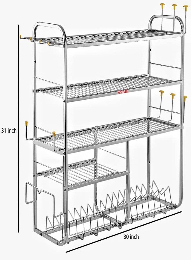 AVAIL Stainless Steel 5 Shelf Wall Mount Kitchen Racks | Dish Rack with Cutlery and Plate Kitchen Stand | Modular Kitchen Bartan Stand (31X30 Inches) - Image 2