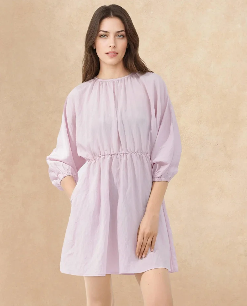 Rareism Rareism Women Callahan Pastel Purple Rayon Nylon Fabric Regular Sleeves Round Neck Solid Regular Length Dress