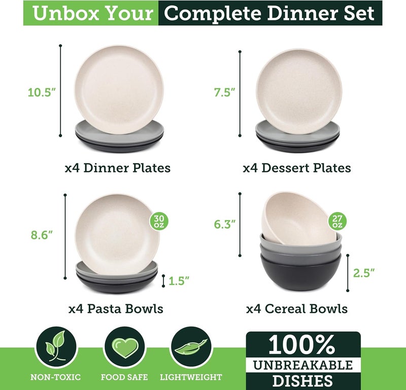 Grow Forward 16-piece Premium Wheat Straw Dinnerware Sets for 4 - Unbreakable Dishwasher & Microwave Safe Plastic Plates and Bowls Sets - Patio, Outdoors, RV, Camping Dishes - Moonlight - Image 3
