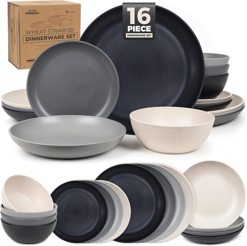 Grow Forward 16-piece Premium Wheat Straw Dinnerware Sets for 4 - Unbreakable Dishwasher & Microwave Safe Plastic Plates and Bowls Sets - Patio, Outdoors, RV, Camping Dishes - Moonlight - Image 1