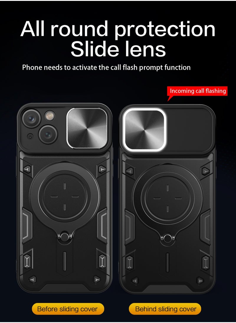 Generic - Apple iPhone 15 Black Mobile Phone Case Cover, Slide Camera Lens Cover, 360°Rotating Kickstand Ring, Bumper Shockproof Phone Case，Compatible with Car Magnetic Mount - Image 1