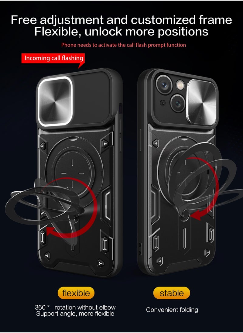 Generic - Apple iPhone 15 Black Mobile Phone Case Cover, Slide Camera Lens Cover, 360°Rotating Kickstand Ring, Bumper Shockproof Phone Case，Compatible with Car Magnetic Mount - Image 1