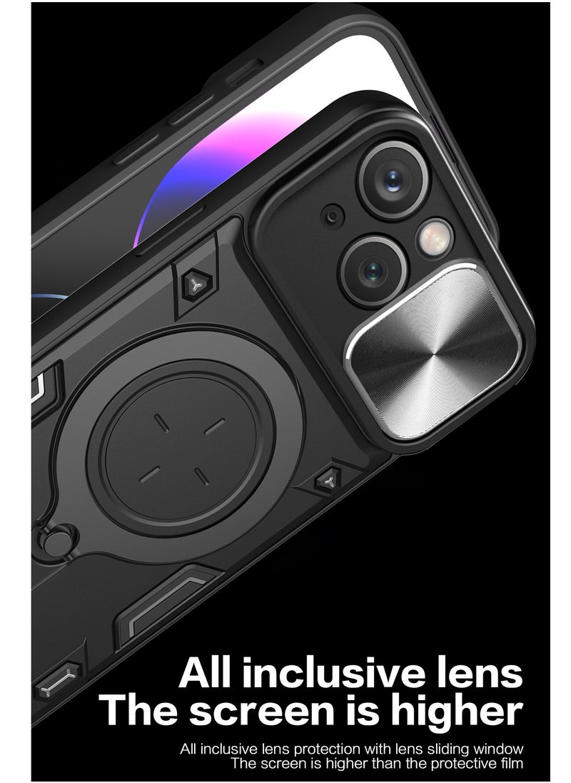 Generic - Apple iPhone 15 Black Mobile Phone Case Cover, Slide Camera Lens Cover, 360°Rotating Kickstand Ring, Bumper Shockproof Phone Case，Compatible with Car Magnetic Mount - Image 1