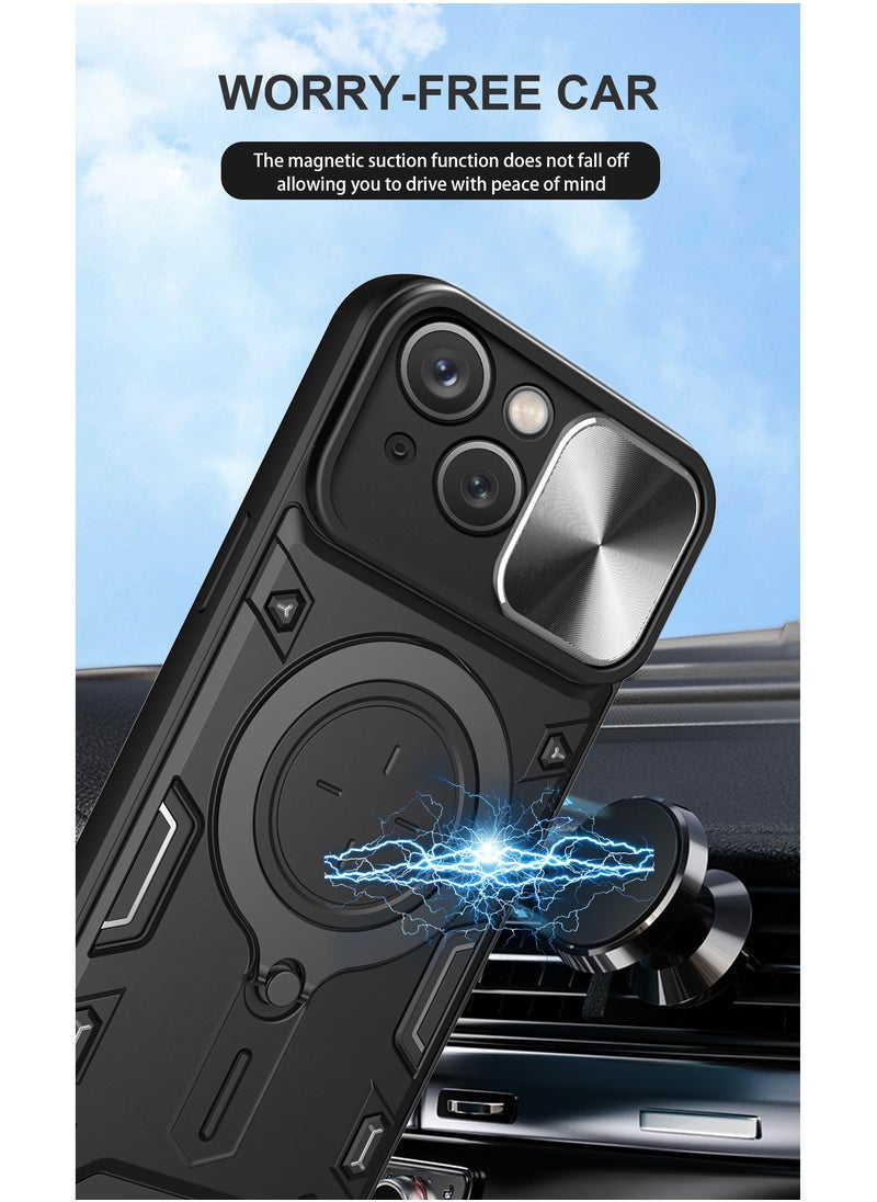 Generic - Apple iPhone 15 Black Mobile Phone Case Cover, Slide Camera Lens Cover, 360°Rotating Kickstand Ring, Bumper Shockproof Phone Case，Compatible with Car Magnetic Mount - Image 1