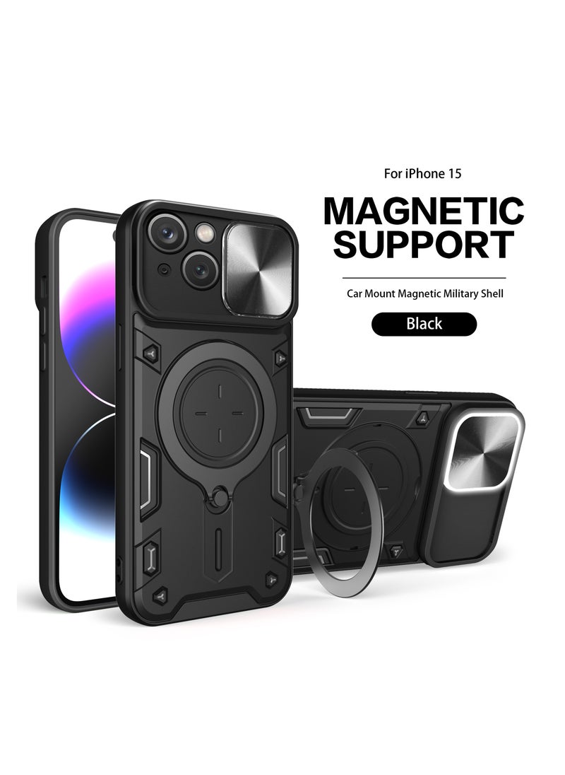 Generic - Apple iPhone 15 Black Mobile Phone Case Cover, Slide Camera Lens Cover, 360°Rotating Kickstand Ring, Bumper Shockproof Phone Case，Compatible with Car Magnetic Mount - Image 1