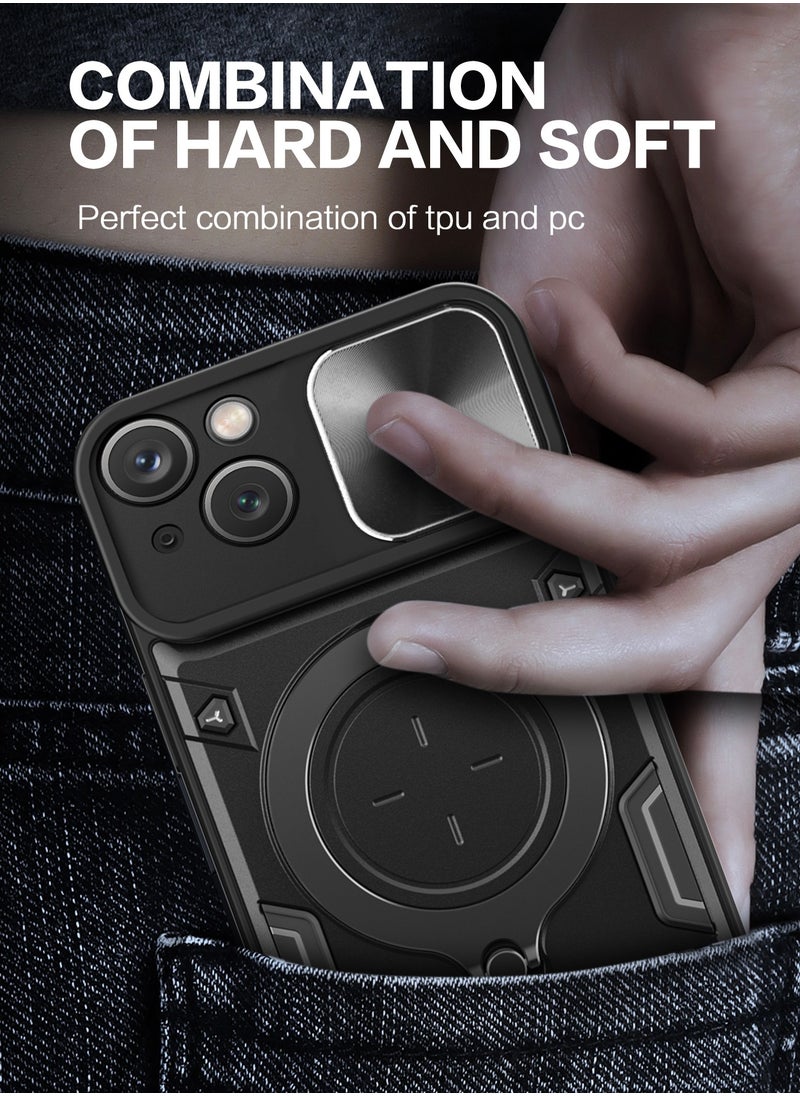 Generic - Apple iPhone 15 Black Mobile Phone Case Cover, Slide Camera Lens Cover, 360°Rotating Kickstand Ring, Bumper Shockproof Phone Case，Compatible with Car Magnetic Mount - Image 1