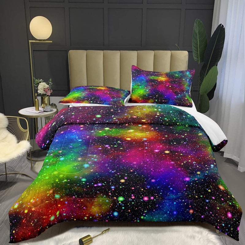 Bodhi Rainbow Galaxy Comforter Set Twin Size for Children Teens Boys Girls Kids Galaxy Bedding Set Colorful Night Sky Stars Comforter Set 2 Pieces with 1 Pillowcases Quilt Set 4007