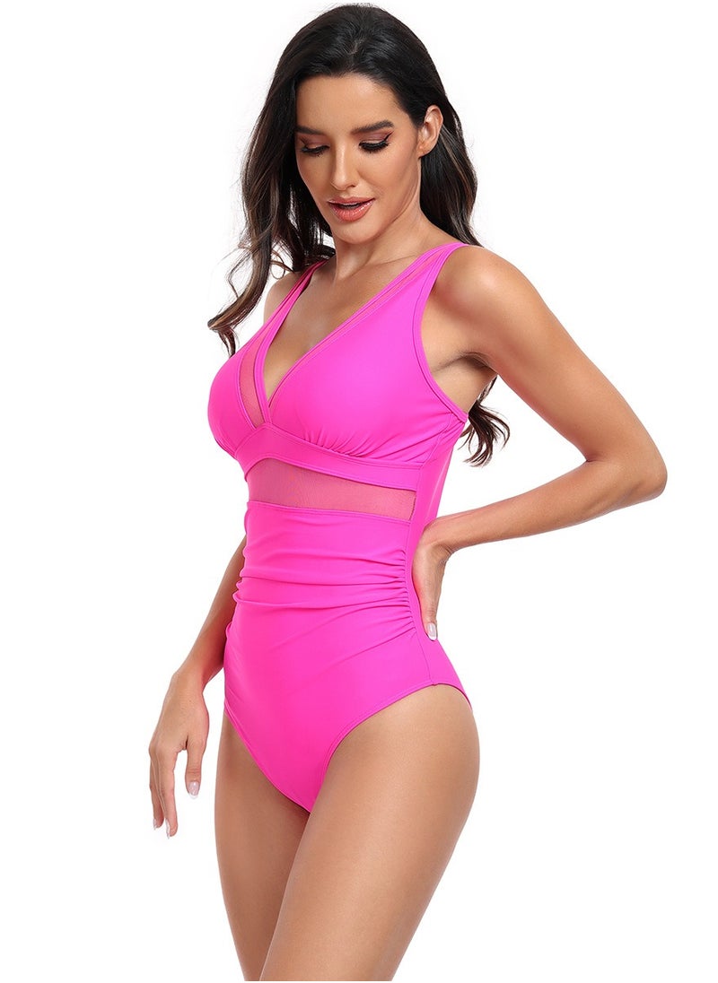 Generic - Women's Solid Color One Piece Swimsuit V-Neck Bathing Suits Rose Pink - Image 1