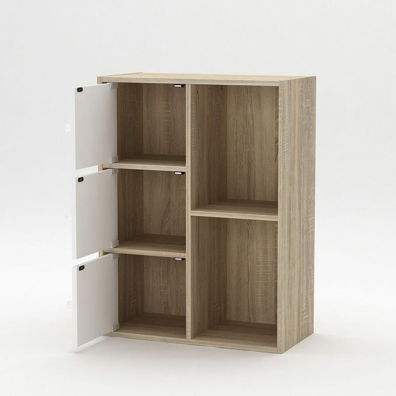 DANUBE HOME خزانة كتب Kinder ذات 3 أبواب مع رفوف مفتوحة | خزانة تنظيم بتصميم عصري | رف عرض متعدد الوظائف للأطفال لخزانة الكتب للمنزل L60xW29xH80cm - أبيض وبلوط سونوما - Image 2