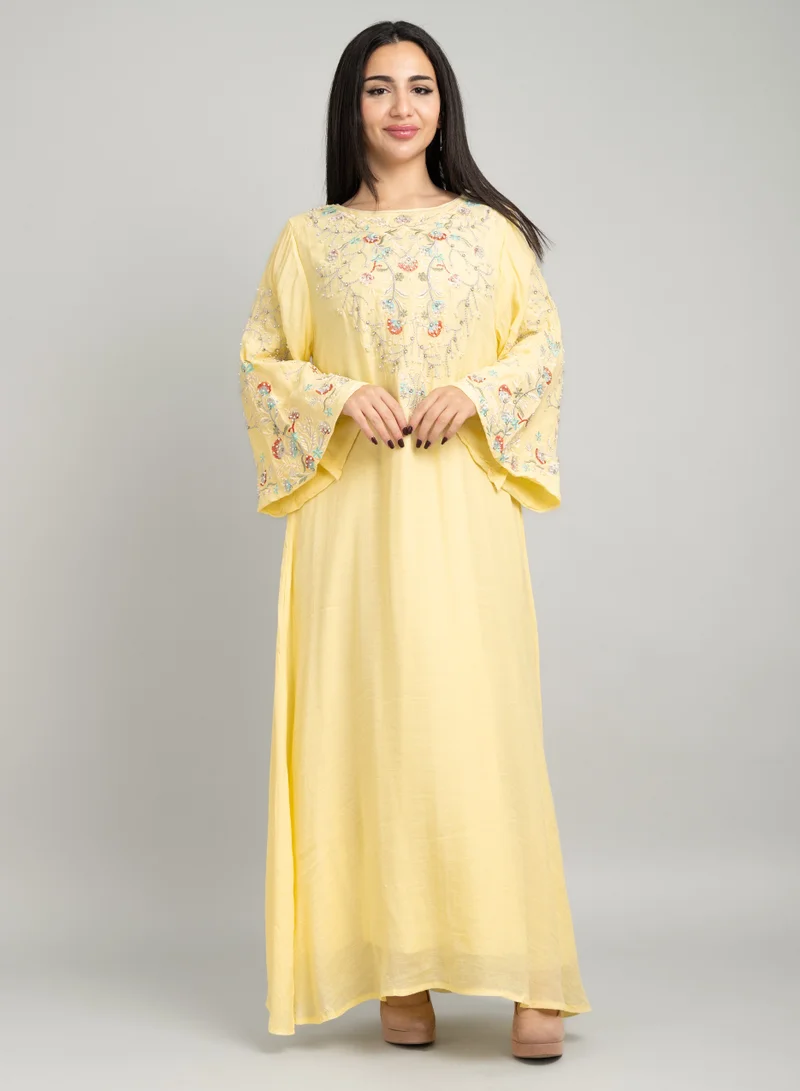IKKXA Elegant Floral Embroidered Jalabiya CJ1071 Yellow
