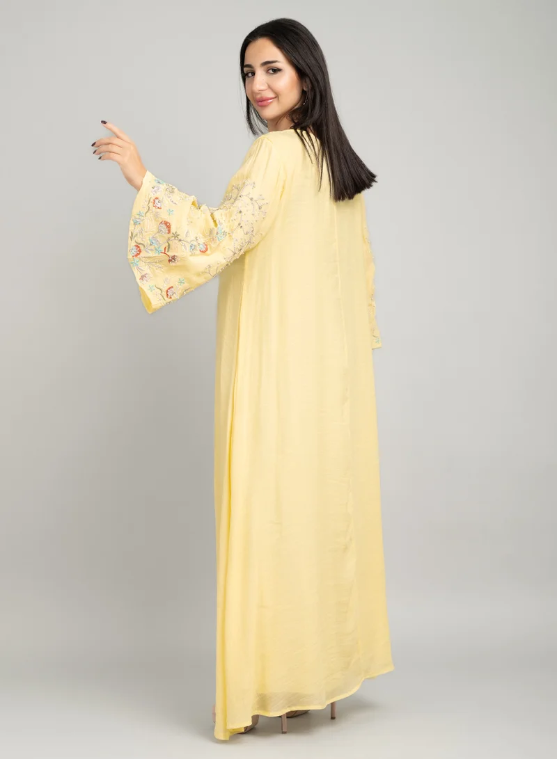 IKKXA Elegant Floral Embroidered Jalabiya CJ1071 Yellow