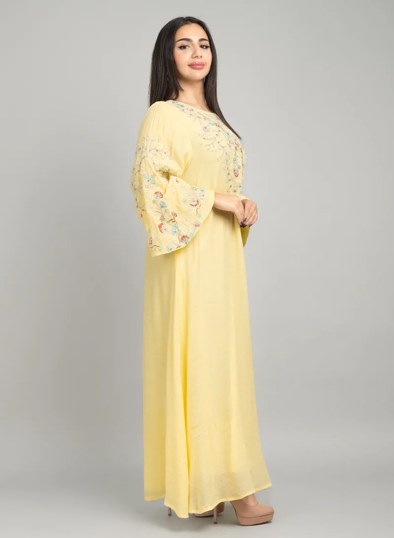 IKKXA Elegant Floral Embroidered Jalabiya CJ1071 Yellow