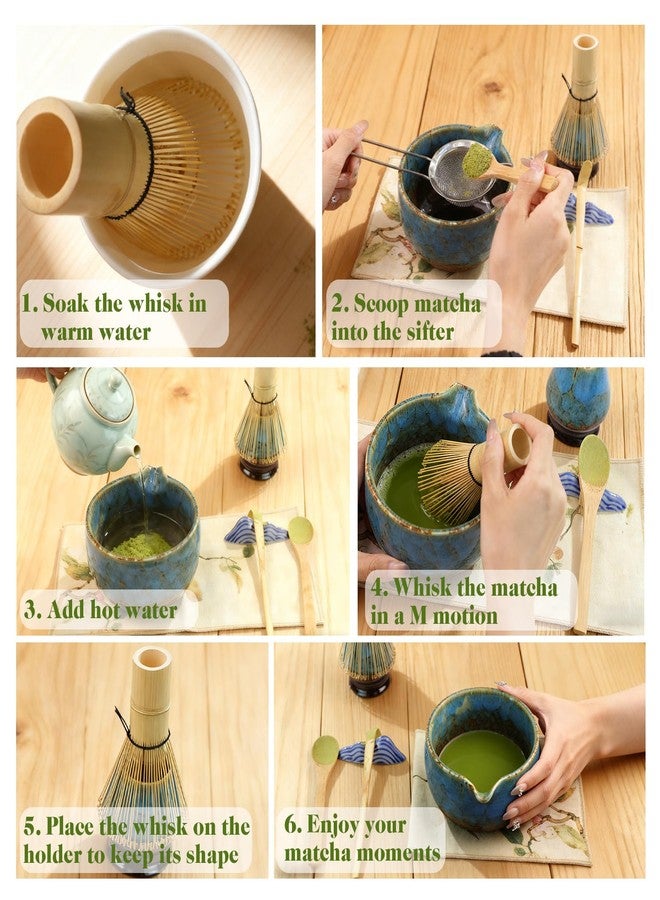 HEYMKGO Matcha Whisk Set 8 Pcs, Sapphire Blue Matcha Bowl with Spout, Bamboo Whisk & Holder, Scoop, Scoop Rest, Sifter, Bamboo Spoon & Tea Towel - Traditional Japanese Matcha Tea Ceremony Kit - Image 4