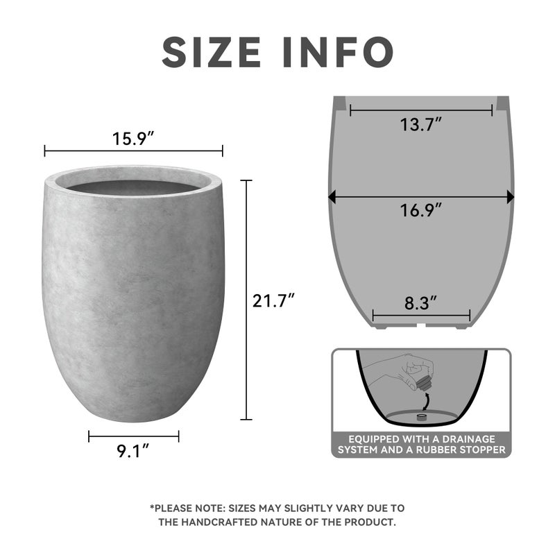 Kante 21.7" H Natural Concrete Tall Planter, Large Outdoor Indoor Decorative Pot with Drainage Hole and Rubber Plug, Modern Round Taper Style for Home and Patio - Image 2