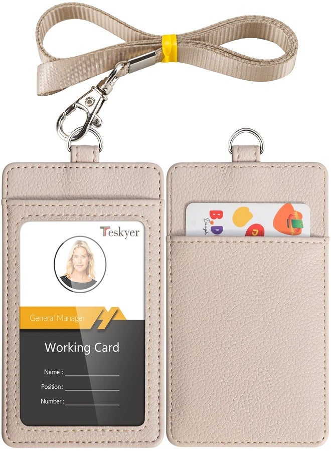 Teskyer Badge Holder with Lanyard, Leather ID Name Badge Card Holder with Lanyard for ID Badges, Vertical, Lychee Pattern Beige - Image 1