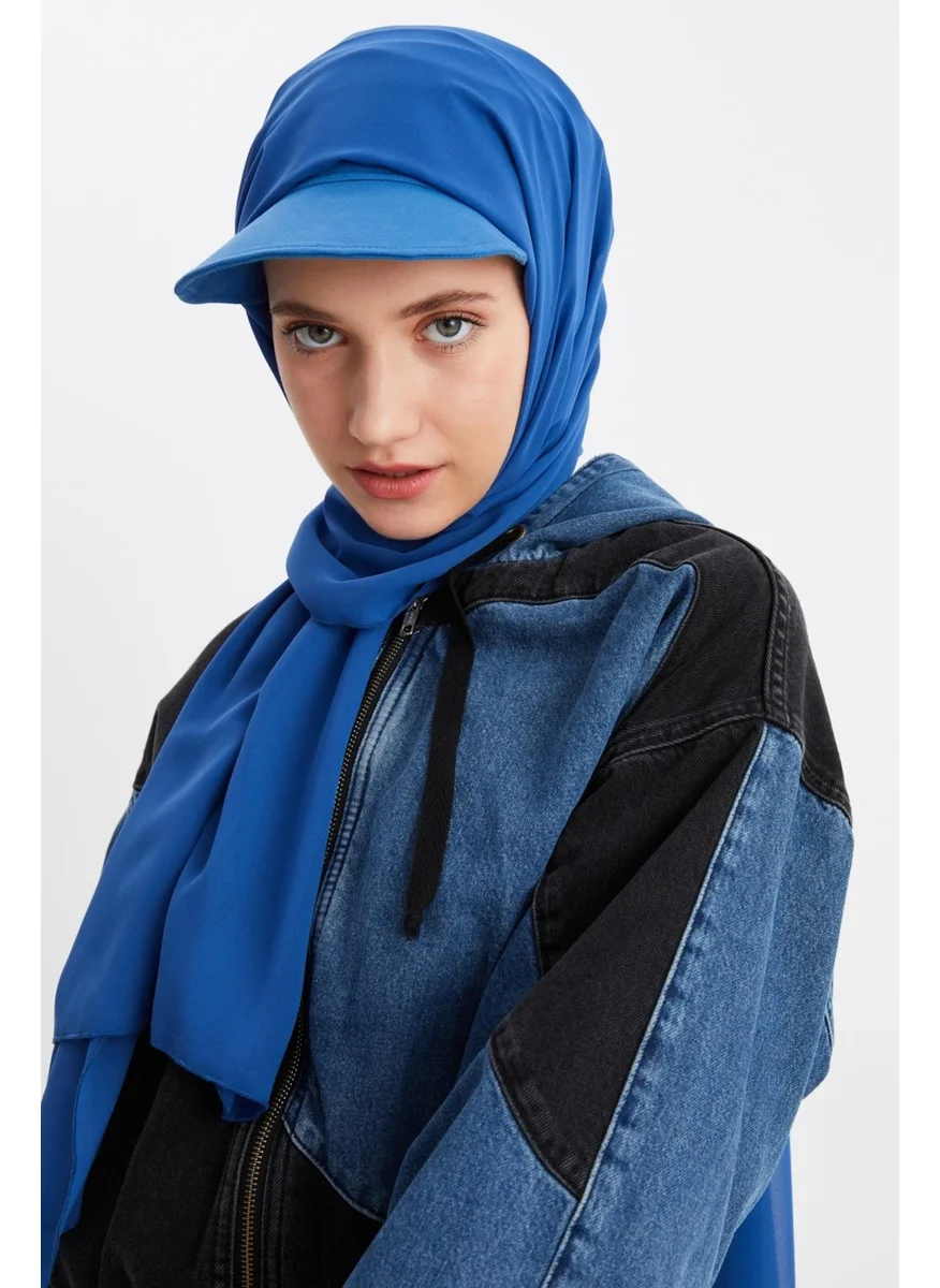 Butikgiz Midnight Blue Women's Hijab Multi Chiffon Silky Shawl and Cotton Combed Half Visor Tennis Style Hat Pair - Comfortable, Extra Light