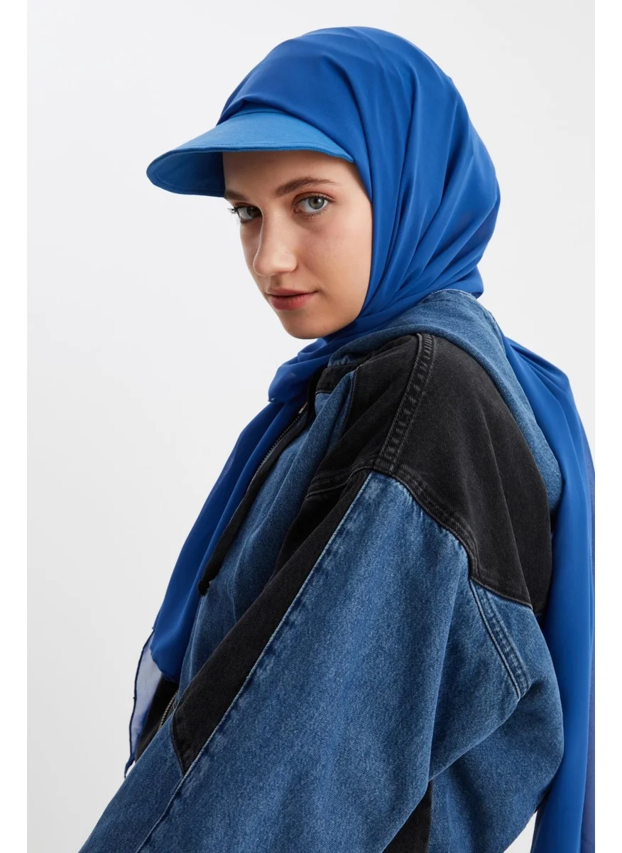 Butikgiz Midnight Blue Women's Hijab Multi Chiffon Silky Shawl and Cotton Combed Half Visor Tennis Style Hat Pair - Comfortable, Extra Light