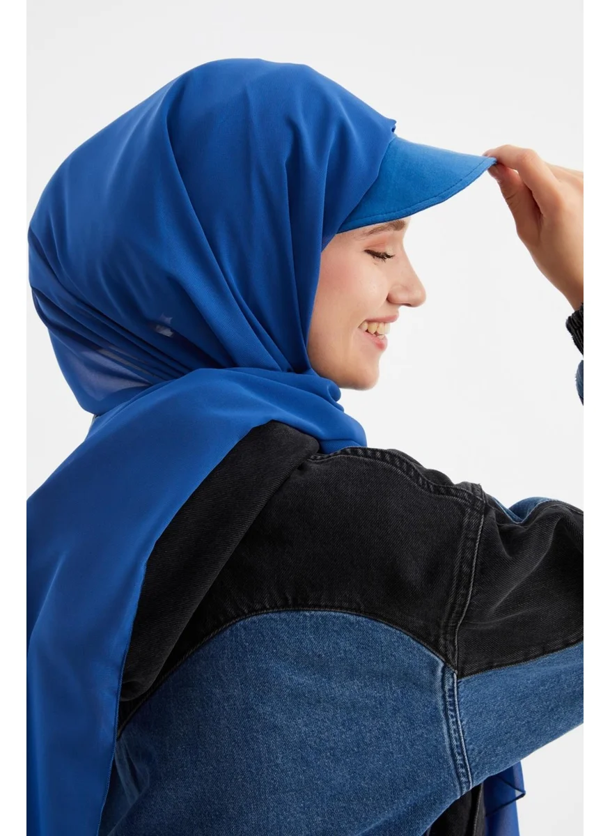 Butikgiz Midnight Blue Women's Hijab Multi Chiffon Silky Shawl and Cotton Combed Half Visor Tennis Style Hat Pair - Comfortable, Extra Light