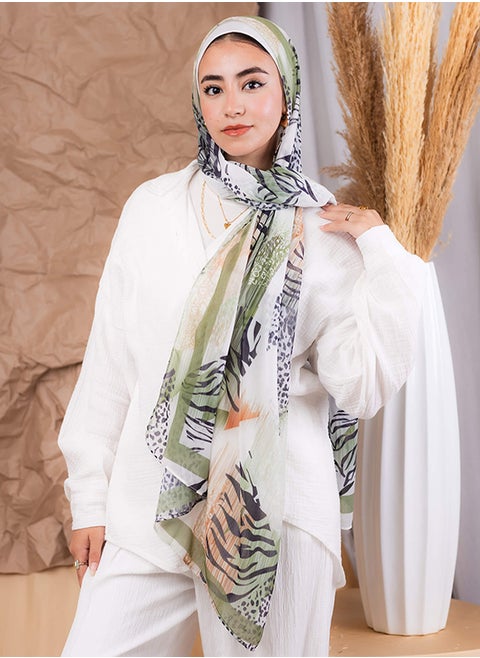 Tie Shop - Digital Crinkled Scarf - White - olive - Black For Women