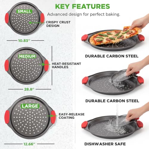 NutriChef 3-Piece Pizza Tray Set with Silicone Handles - Round Nonstick Pizza Pan with Perforated Holes, Durable Carbon Steel, Small, Medium, Large Sizes - Ideal for Crispy, Evenly Baked Pizzas (Gray) - Image 4