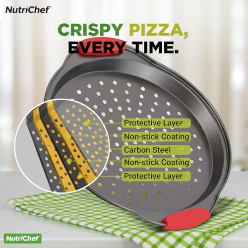 NutriChef 3-Piece Pizza Tray Set with Silicone Handles - Round Nonstick Pizza Pan with Perforated Holes, Durable Carbon Steel, Small, Medium, Large Sizes - Ideal for Crispy, Evenly Baked Pizzas (Gray) - Image 3