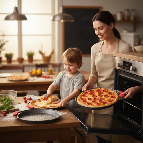 NutriChef 3-Piece Pizza Tray Set with Silicone Handles - Round Nonstick Pizza Pan with Perforated Holes, Durable Carbon Steel, Small, Medium, Large Sizes - Ideal for Crispy, Evenly Baked Pizzas (Gray) - Image 5