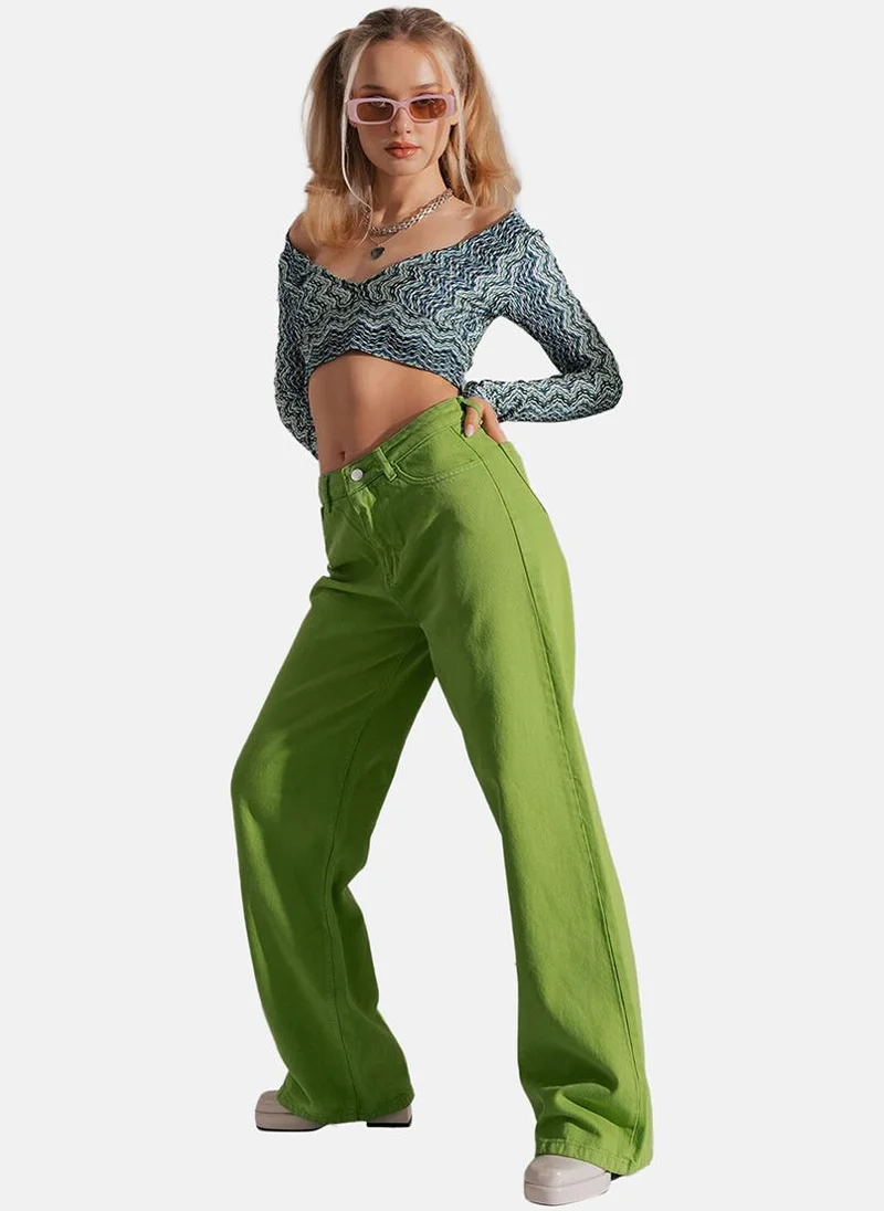 YUNIQEE Green Wide Leg Clean Look High-Rise Jeans