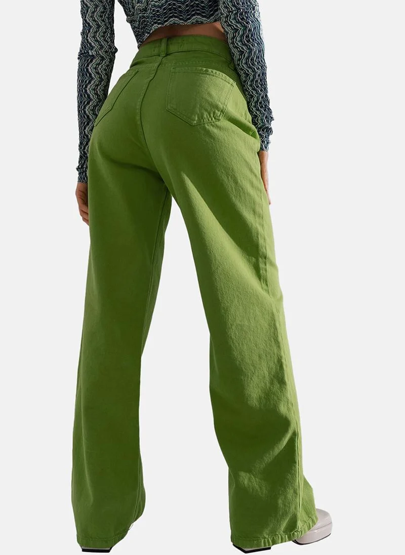 يونيكي Green Wide Leg Clean Look High-Rise Jeans