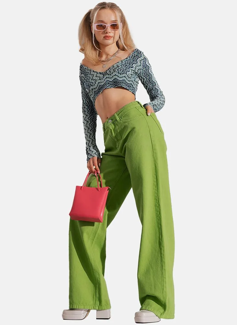 YUNIQEE Green Wide Leg Clean Look High-Rise Jeans