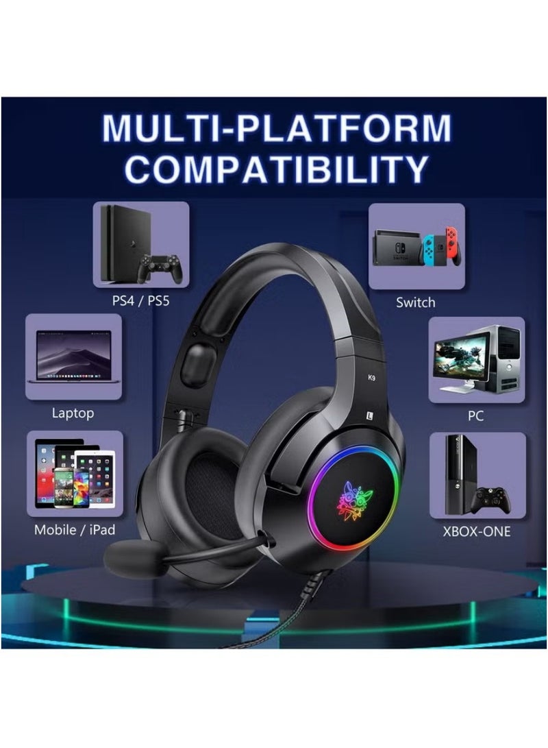 ONIKUMA K9 Gaming Headset – Immersive 3.5 Surround Sound | Noise-Canceling Mic for PS4/PC | RGB Luminous Design & Crystal Clear Audio - Image 2