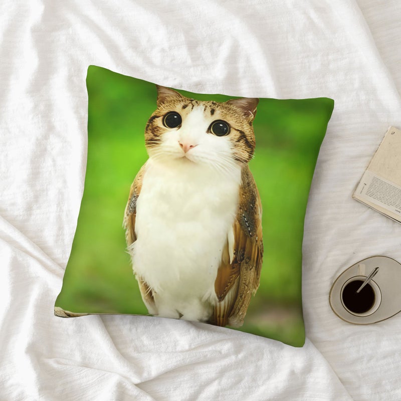 Polyester 16x16 2D Flat Cat Owl Meme Pattern Pillowcase Zip Closure Machine Washable Living Room Sofa Home Decor - Image 2