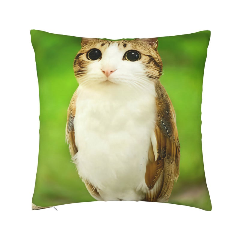 Polyester 16x16 2D Flat Cat Owl Meme Pattern Pillowcase Zip Closure Machine Washable Living Room Sofa Home Decor - Image 4