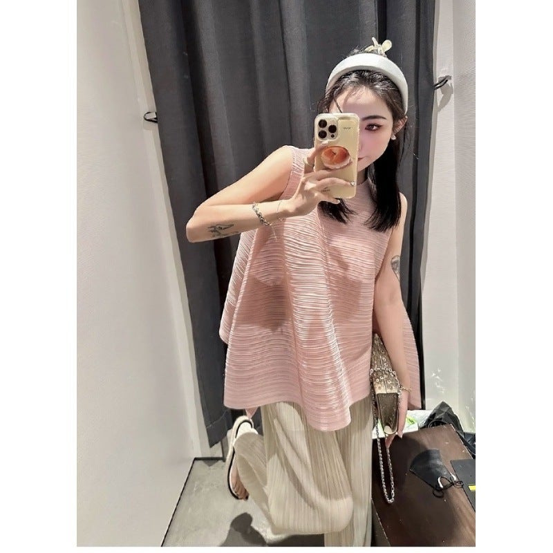Miyake Fashionable Top Pleated Top Sleeveless Loose Mid-Length Niche Design Round Neck Slimming Look T-Shirt - Image 2