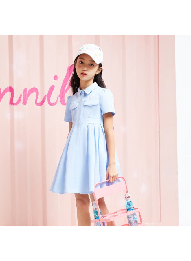 Annil Girls' Short Sleeve Pleated Dress Summer Literary Workwear Style Light And Breathable Dress - Image 3
