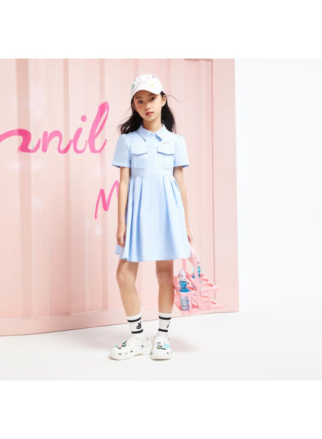 Annil Girls' Short Sleeve Pleated Dress Summer Literary Workwear Style Light And Breathable Dress - Image 4