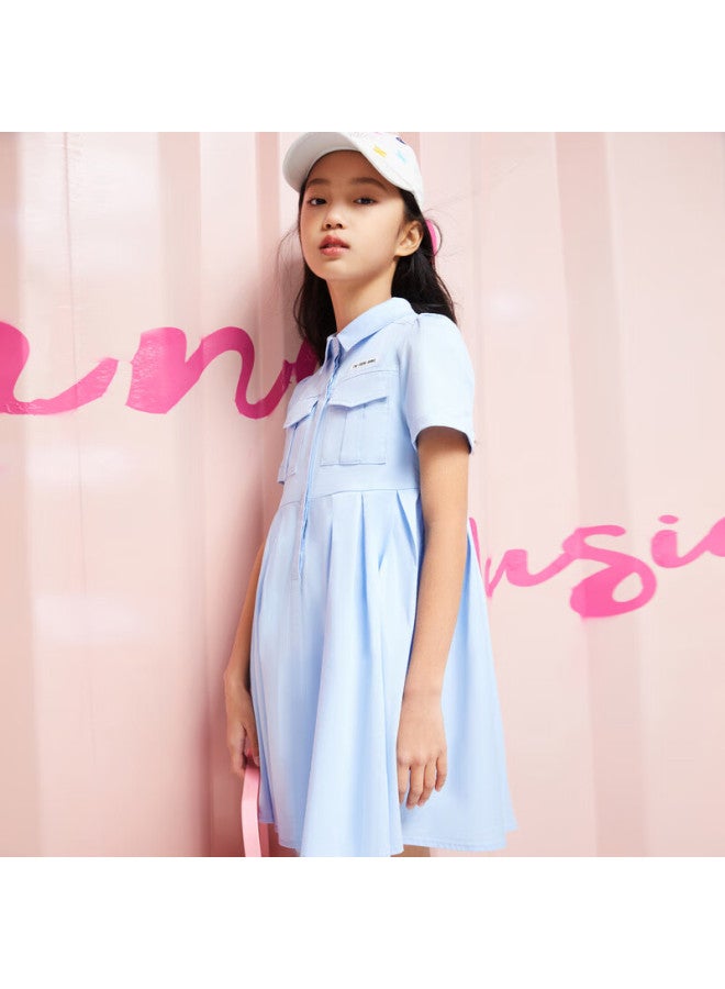 Annil Girls' Short Sleeve Pleated Dress Summer Literary Workwear Style Light And Breathable Dress - Image 1