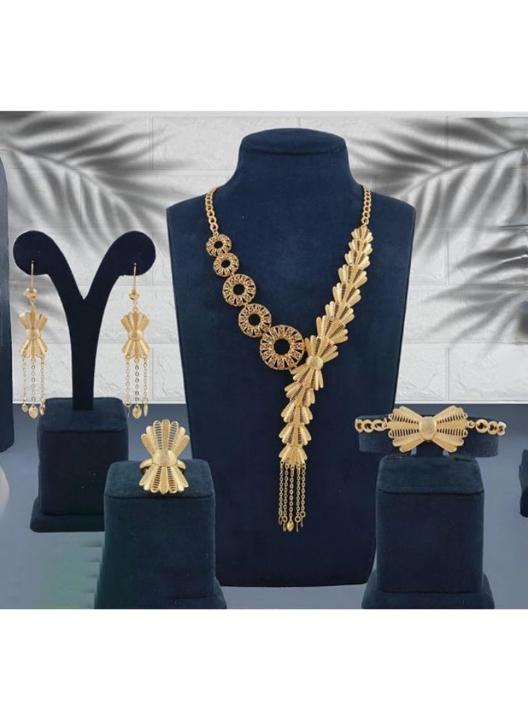Women's 4-piece accessory set: necklace, earrings, bracelet, and ring. Gold-plated brass, 21-karat gold finish. - Image 2