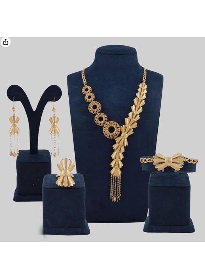 Women's 4-piece accessory set: necklace, earrings, bracelet, and ring. Gold-plated brass, 21-karat gold finish. - Image 1
