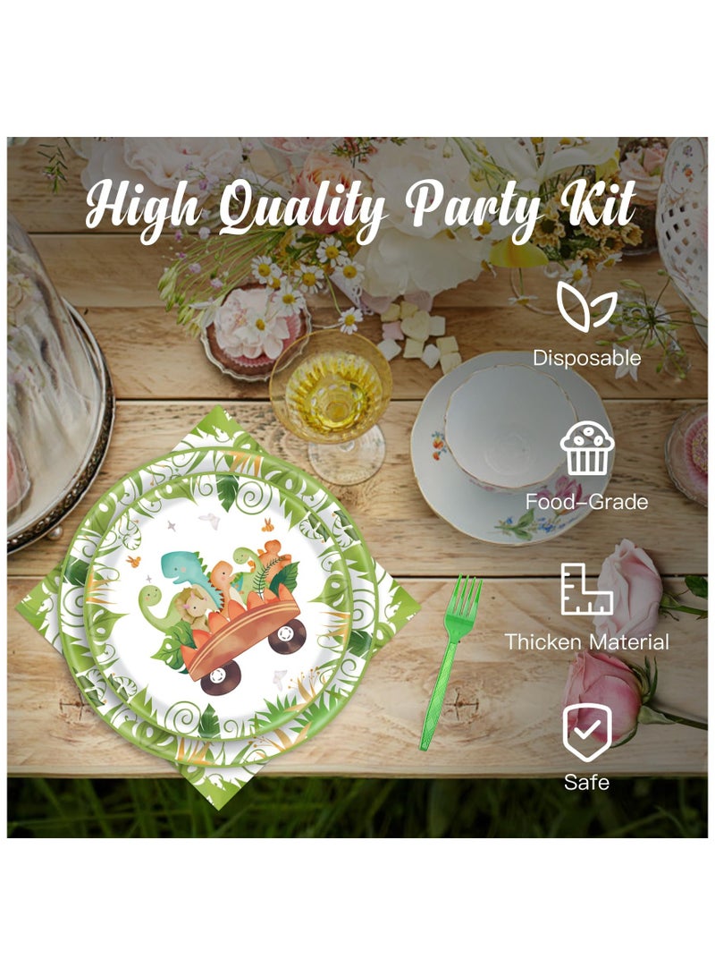 SOLARAE Dinosaur Party Supplies Kit for 24 Guests, 97 Pcs Disposable Dinosaur Party Tableware, Including Plates, Forks, Napkins, Bunting, Perfect for Kids' Dinosaur, Themed Birthdays and Baby Showers - Image 3