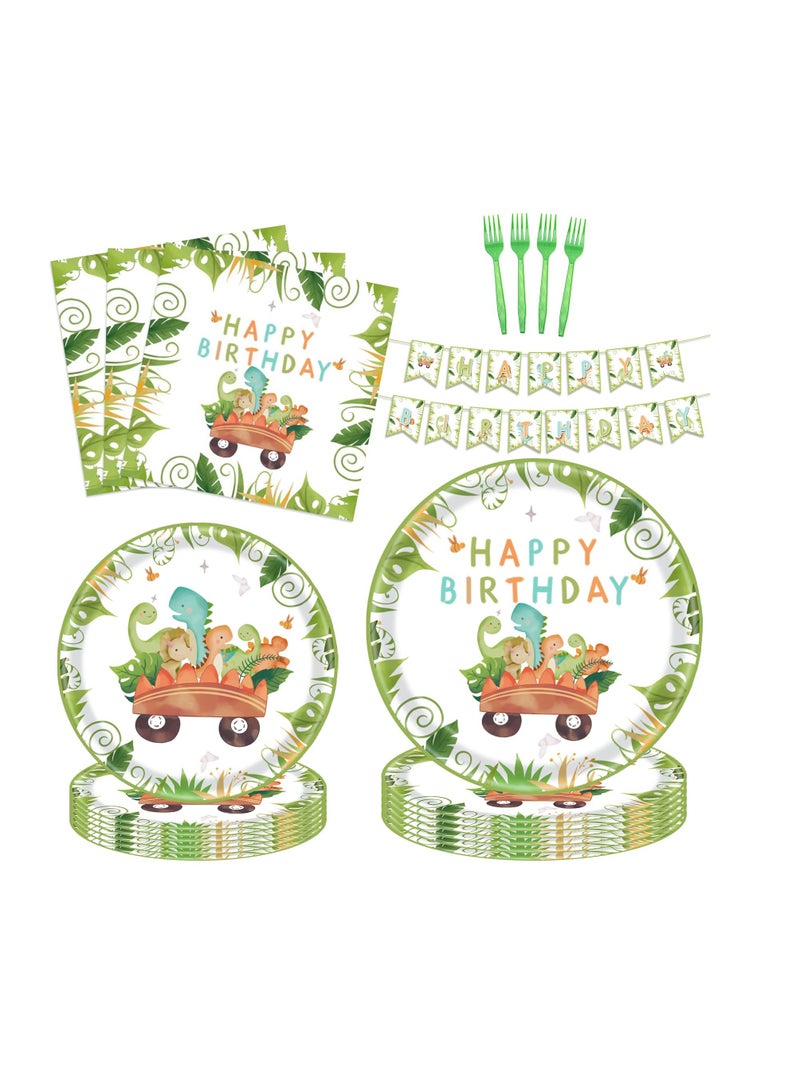 SOLARAE Dinosaur Party Supplies Kit for 24 Guests, 97 Pcs Disposable Dinosaur Party Tableware, Including Plates, Forks, Napkins, Bunting, Perfect for Kids' Dinosaur, Themed Birthdays and Baby Showers - Image 1