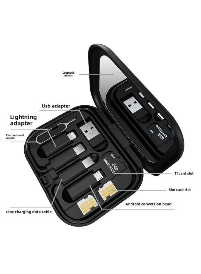 Square Multi-function Data Cable Storage Box 60W Fast Charging Line Adapter Storage 6-in -1 Mobile Phone Bracket Charging Line-Color:Night Black (with Mirror)  - Image 1